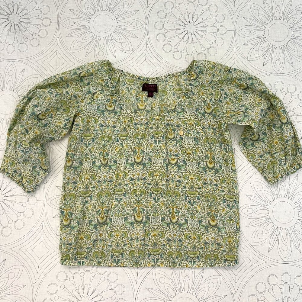 J. CREW Green Liberty Floral Print Top XXS or XS Peasant Style nouveau vines
